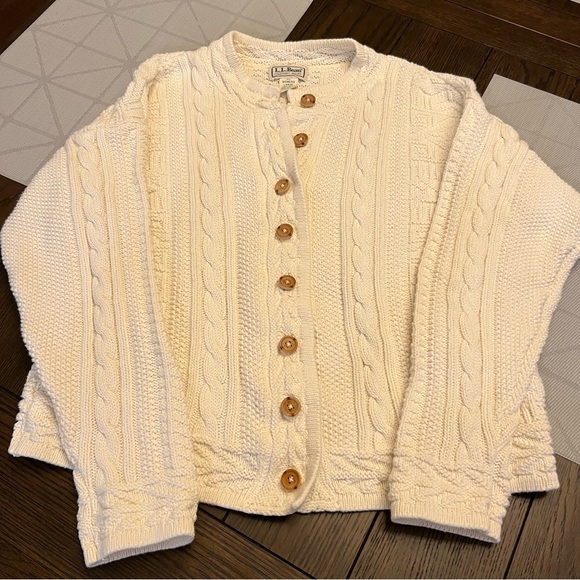 VINTAGE L.L. Bean Cream Cable Thick Knit Fisherman’s Sweater Cardigan - Picture 1 of 8
